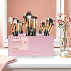 Exqcom Pink Christian Makeup Brush Holder, Daughter of the King Bible Verses Pen Holder Organizer for Dorm Bedroom Desk Accessories, Pink Preppy Toothbrush Holders for Girly Bathroom