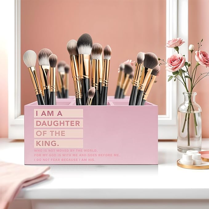 Exqcom Pink Christian Makeup Brush Holder, Daughter of the King Bible Verses Pen Holder Organizer for Dorm Bedroom Desk Accessories, Pink Preppy Toothbrush Holders for Girly Bathroom