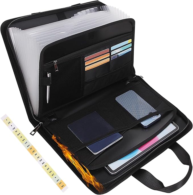 Fireproof Accordion File with Handle, Expandable File Folder Organizer, 13 Pockets Important Document Organizer with Lables & Zipper, Portable Paper File Organizer for Letter A4 Files