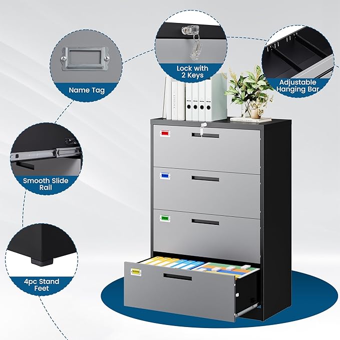 PEUKC 4 Drawer File Cabinet, Lateral Filing Cabinets for Home Office, Office Storage Drawers with Lock, Hanging Files Legal/Letter A4 Size (Assemble Required,Black Grey)