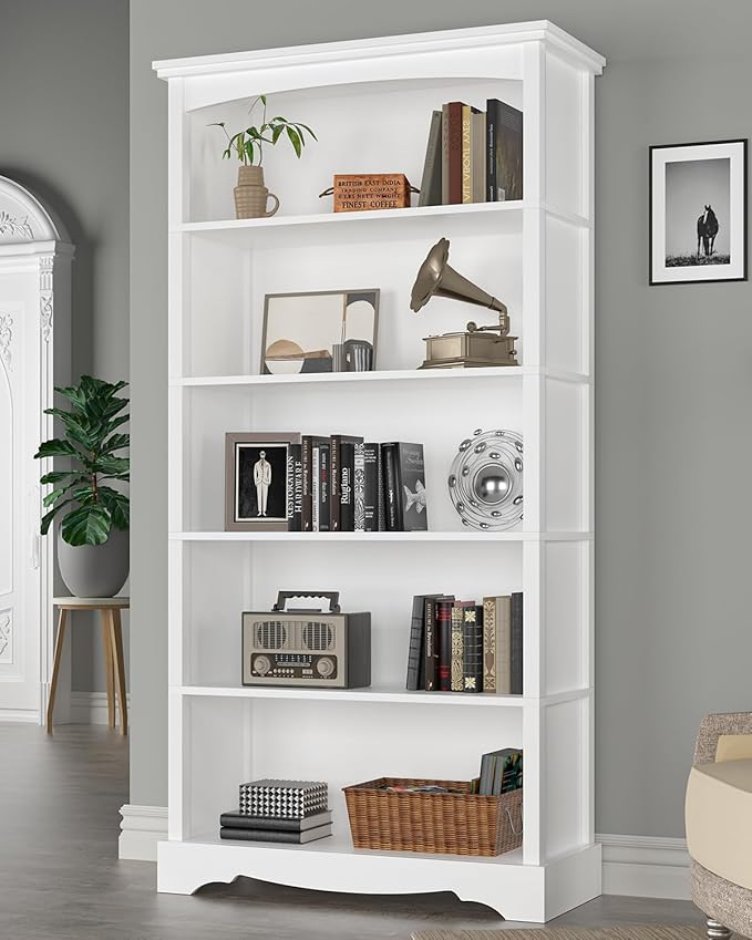 TVU 5-Tier Wooden Bookshelf, 65 Inch Tall Bookshelf with Storage, Floor Standing Modern Style Display Bookcase for Living Room, Office, Study Room, Entryway, White