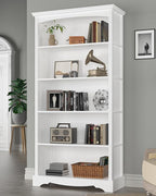 TVU 5-Tier Wooden Bookshelf, 65 Inch Tall Bookshelf with Storage, Floor Standing Modern Style Display Bookcase for Living Room, Office, Study Room, Entryway, White