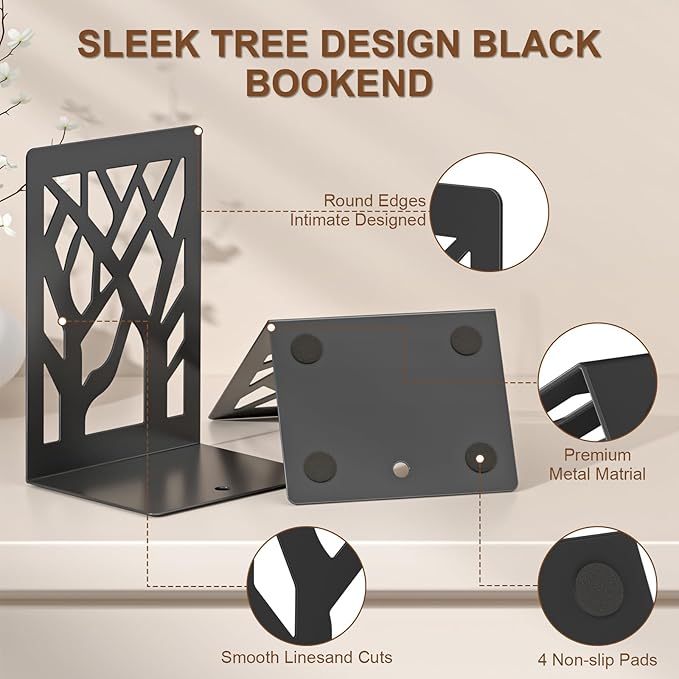 VFINE 2-Piece Modern Metal Bookends for Shelves, Black Tree Book Ends for Books, Decorative Book Organizer for Desk, Non-Skid Shelve Bookends for Home Office