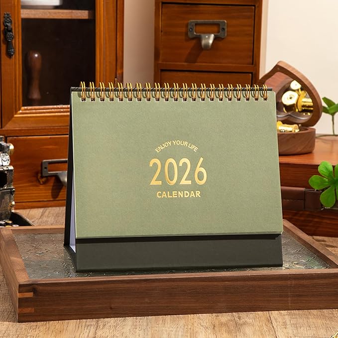 Small Desk Calendar 2026, Standing Flip Desktop Calendar from January 2026 to June 2027 - Metal Ring Twin-Wire Binding Monthly Desktop Calendar for Home Office School (Green)