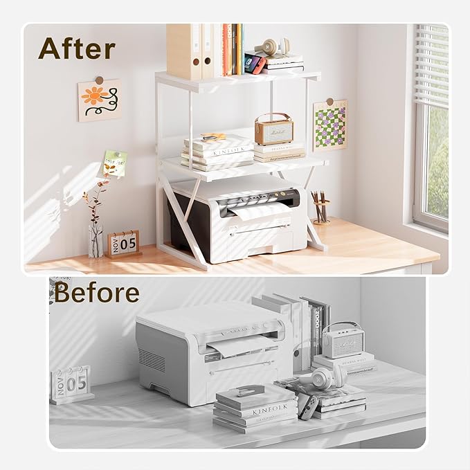 aboxoo Printer Stand for Desk, Desktop Printer Shelf Large 3-Tier Multi-Purpose Office Organization Shelves for Home Office, White