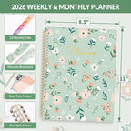 SUNEE 2026 Planner, Weekly and Monthly Calendar Planner, January 2026-December 2026, Daily Agenda with Tabs, Note Pages, Spiral Binding, 8.5"x11", Wildflowers