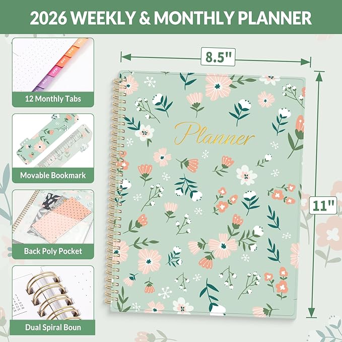 SUNEE 2026 Planner, Weekly and Monthly Calendar Planner, January 2026-December 2026, Daily Agenda with Tabs, Note Pages, Spiral Binding, 8.5"x11", Wildflowers