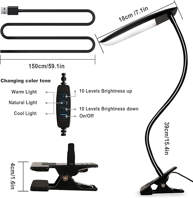 LiFMIRA Clip on Lamp USB Reading Light 3 Color Modes 3000-6000K and 10 Brightness 8W 40 LED Flexible Gooseneck Desk Light Clip on Lamp for Desk Eye Caring Bed Lamp for Headboard (No Plug)