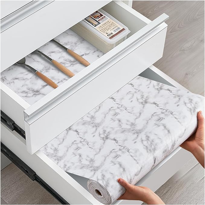 ALIUNI Drawer and Shelf Liner, Non-Slip Kitchen Cabinet Liners Non-Adhesive Thick Strong Grip Waterproof Washable Mats Protect Dresser Shelves Cupboard Bathroom Cabinets, White Marble, 24 in X 10 FT