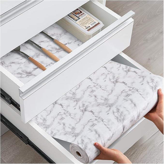 ALIUNI Drawer and Shelf Liner, Non-Slip Kitchen Cabinet Liners Non-Adhesive Thick Strong Grip Waterproof Washable Mats Protect Dresser Shelves Cupboard Bathroom Cabinets, White Marble, 12 in X 10 FT