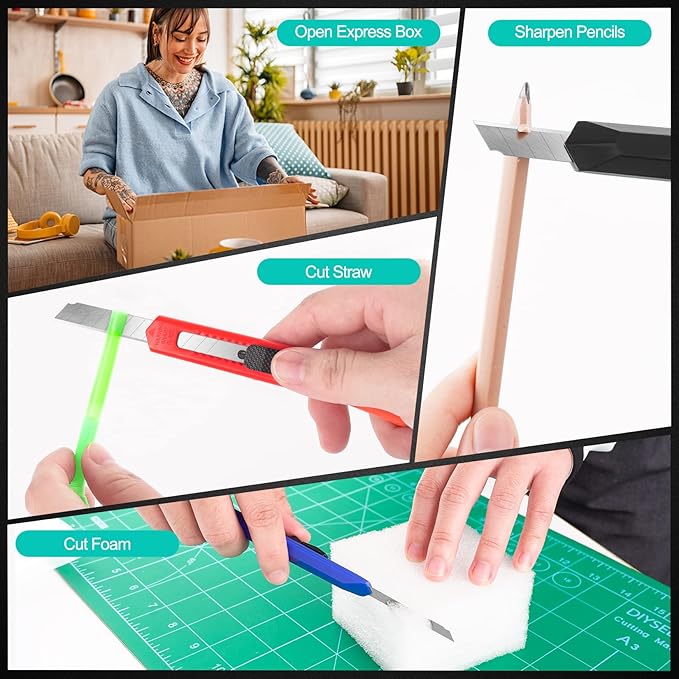 DIYSELF 24Pack Box Cutters (9MM Wide Blade Cutter) Utility Knife Box Cutter Retractable, Compact, Extended Use for Heavy Duty Office, Home, Arts Crafts, Hobby(Mix)