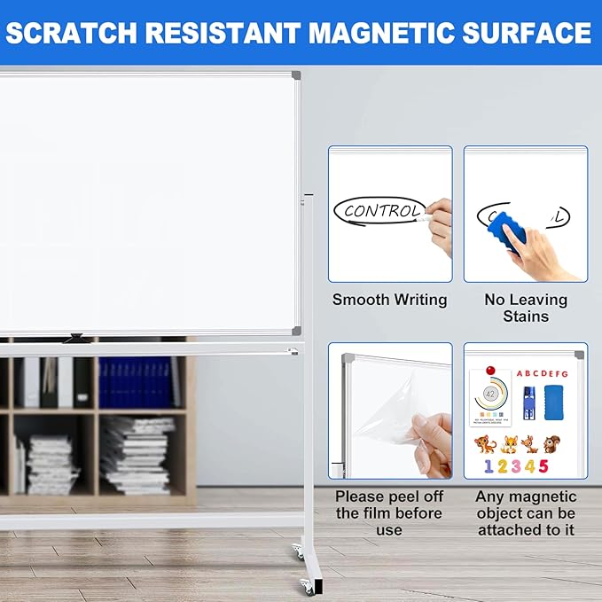 Max-officoo Magnetic White Board Dry Erase Whiteboard with Rolling Stand 72"x48" Double-Sided Mobile Large White Board on Wheels, Including 3 Magnetic Erasers, 7 Markers, 30 Magnets
