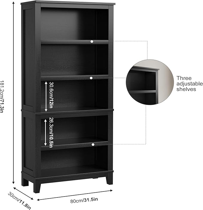 IDEALHOUSE 71" Farmhouse Bookshelf w/Adjustable Shelves & 31.5 in Whidth, 5 Tier Tall Bookshelf with Wooden Legs, Vintage Wooedn Book Shelf for Living Room Office (Black, 71.3" H x 31.5" W x 11.8" D)