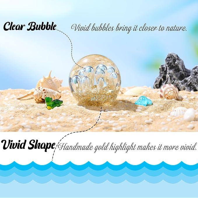 Arikyrist Glass Figurines Ball Ocean Waves Paperweight Glass Ball for Friends Ocean Lovers, Clear Bubble Ball with Sprouting Bubbles & Golden Light Decoration for Home, Office and Aquarium