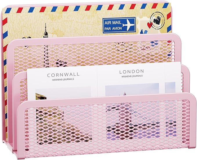 Marbrasse Mail Organizer for Desk, 3-Slot Mesh Metal Mail Holder countertop, Letter Holder, Office Desktop Envelope and Document Storage Rack (Pink)
