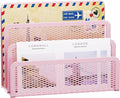 Marbrasse Mail Organizer for Desk, 3-Slot Mesh Metal Mail Holder countertop, Letter Holder, Office Desktop Envelope and Document Storage Rack (Pink)