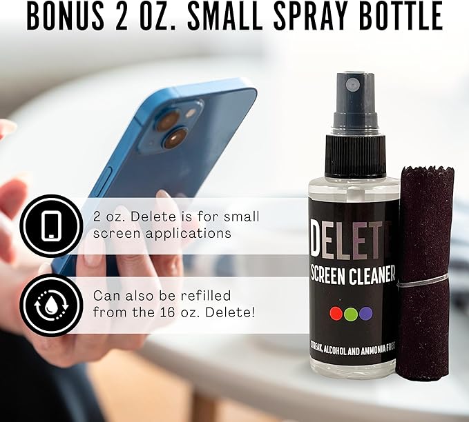 Delete Screen Cleaner Spray Kit, 2 Pack, 2oz Bottle and 2x 6"x6" Microfiber Cleaning Cloth, Streak-Free, Safe and Gentle Formula, Multi-Purpose for Travel, Small TVs, Cameras, Laptops, Phones