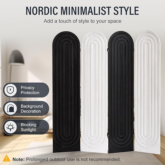 Asnefeli Room Divider 4 Pnale, Folding Privacy Screen, Foldable Wood Arched Room Divider Wall, Portable Partition Screen, Partition Divider for Room Separation for Home Office Bedroom, Black/White