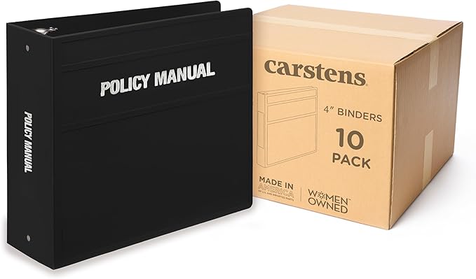 Carstens 4-Inch Heavy Duty Round Ring Binder for Policy Manuals – Side Opening, Black, Case of 10, Durable Plastic, No Pockets, Holds 600 Sheets, Made in USA (1873-3RCS)