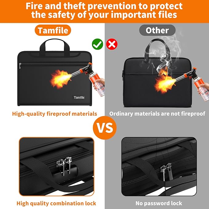 5200℉ Fireproof Accordion File Organizer with Lock, Thickened Document Organizer 13 Colorful Pocket with Labels, Important Document Organizer, Expanding File Folder with Handle for Letter A4 (Black)
