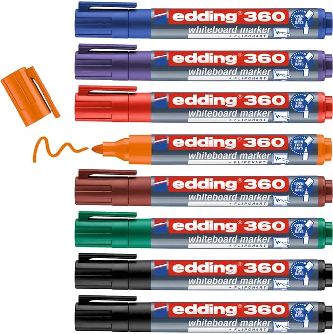 edding 360 whiteboardmarker set - diverse kleuren - 8 whiteboardstiften - ronde punt 1,5 - 3 mm - boardmarker uitwisbaar - voor whiteboard, flipchart, prikbord, memobord - sketchnotes - navulbaar