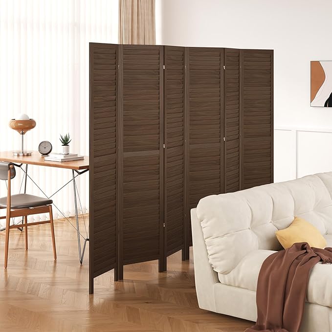 Room Partitions and Dividers, Temporary Wall with Double Hinges, 5.6 Ft Tall Folding Louver Wood Screen for Home Office Bedroom Hotel Decoration (6 Panels, Brown)