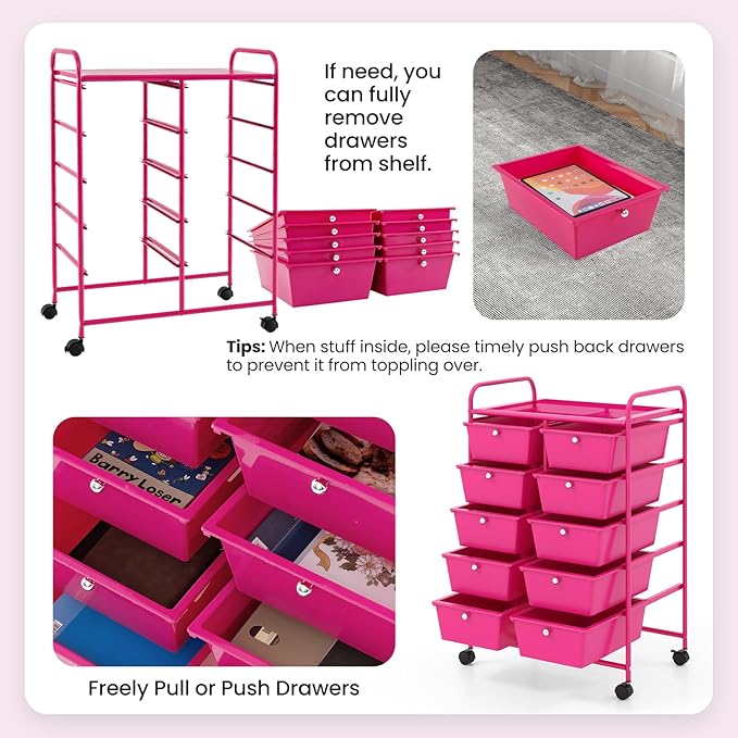 GLACER 10 Drawer Rolling Cart, Storage Cart with Lockable Whieels & Metal Frame, Trolley for Art Craft Oganizer, Mobile Utility Cart for Office, School, Classroom, Kitchen (Hot Pink)