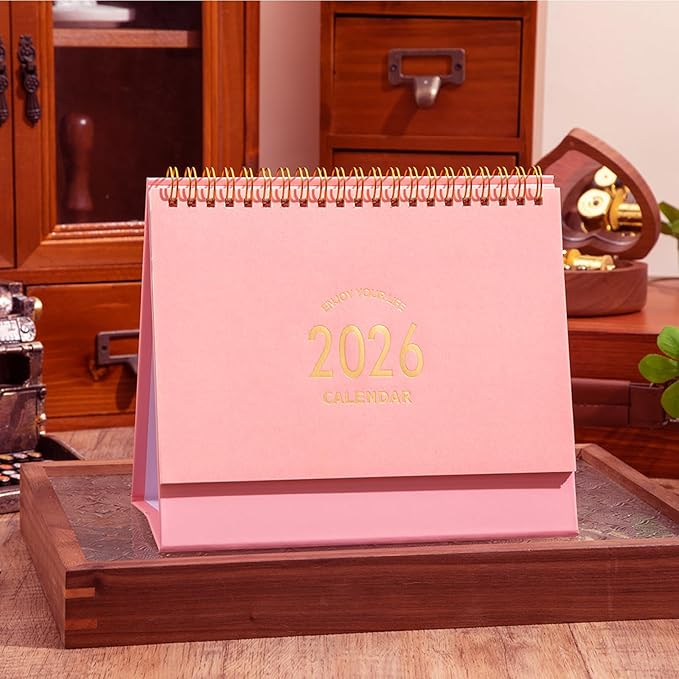Small Desk Calendar 2026-2027, Standing Flip Desktop Calendar from January 2026 to June 2027 - Metal Ring Twin-Wire Binding Monthly Desktop Calendar for Home Office School (Pink)