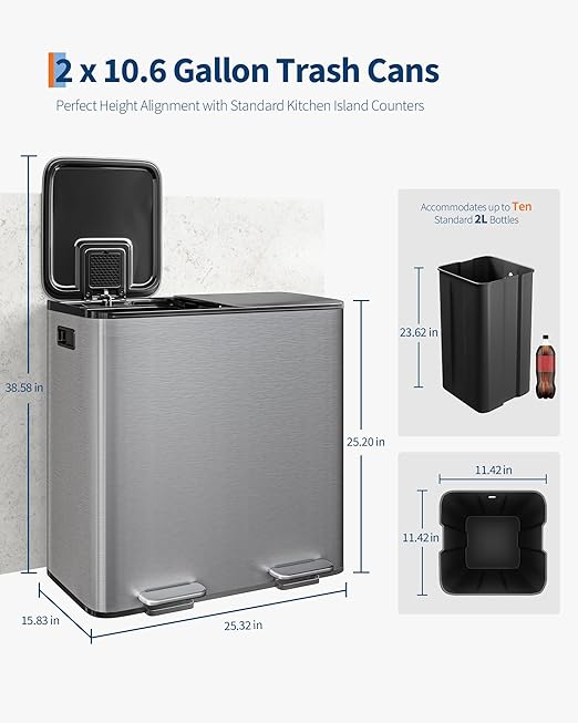 Garvee Trash Can, 2 x 10.6 gal (2 x 40 L) Garbage Can for Kitchen Dual Compartment Recycling Kitchen Step Trash Bin, Stainless Steel Trash and Recycle Bin Combo with Soft-Close Lid,Silver