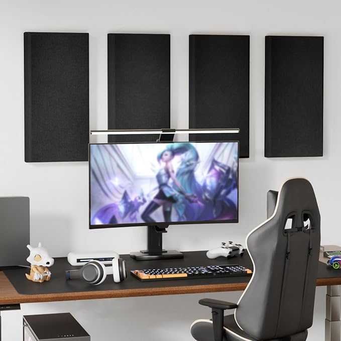 TONOR 4 PCS Large Acoustic Panel, 23.6″ * 11.8″ * 2.05″ 3D Fiberglass Sound Proof Panel with Full Self-adhesive, Decorative Echo Absorbing Wall Panel, for Studio, Living Room, Home, Office, Black
