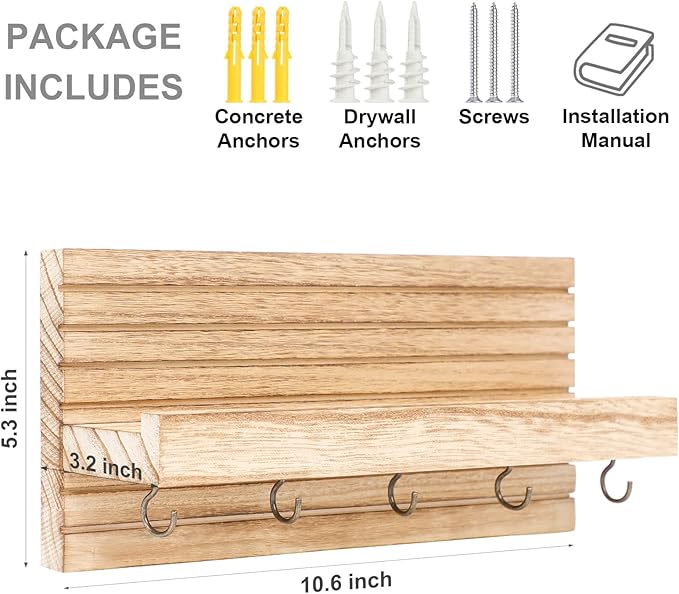 Lwenki Decorative Key Holder for Wall with Shelf, Entryway Shelf with Hooks Holds Leashes, Jackets and Glasses – Sturdy Wood Keyholder Entrance Hanger with Mounting Hardware (Wood, Medium)