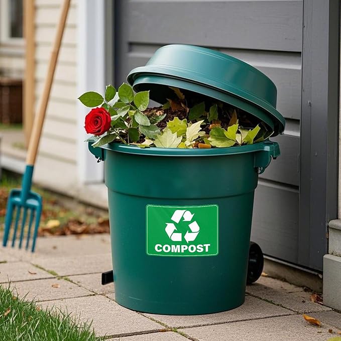 YIKIADA 10 Pack Compost Stickers 10 × 7 Inches Vinyl Weatherproof Self Adhesive Recycle Sign for Trash Cans Yard Waste Bins Home Business