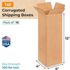 Tall Moving & Shipping Boxes 4x4x12 inches (10-Pack) - Extra Strength 200 lb vs Regular - Corrugated Moving Boxes for USPS/UPS/FEDEX - Cardboard Box - Eco Shipping Box by IDL Packaging