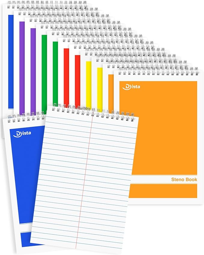 Dynta Steno Pads Spiral 6x9 12 Pack Gregg Rule Notebooks 6 Assorted Covers 60 Sheets White Paper, Writing Note Pads for Note-taking in School Office Home College University Work Travel