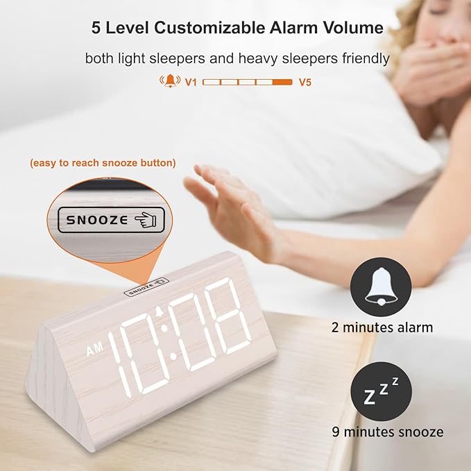DreamSky Wooden Digital Alarm Clock for Bedroom - RGB Electric Desk Clock with Large Numbers, USB Port, Loud Alarm for Heavy Sleepers, Dimmer and Volume Control, Snooze, Wood Décor (Adapter Powered)