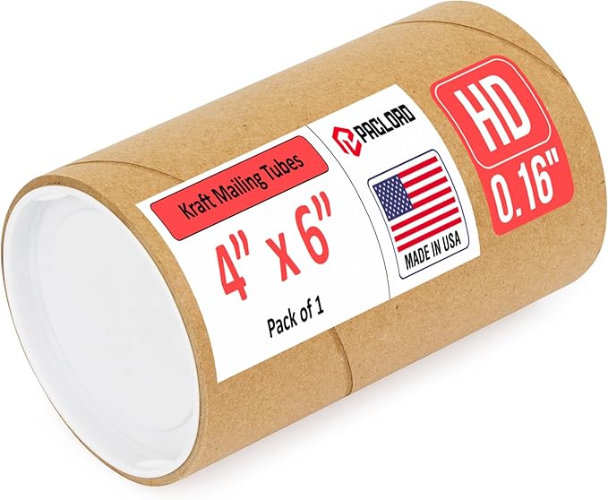 Paclord 4" x 6" Heavy-Duty Reinforced Cardboard Mailing Tube, Pack of 1 Tube with 2 Caps – Secure USPS Approved – Great for Shipping and Storing of Prints, Artwork, Posters or Documents