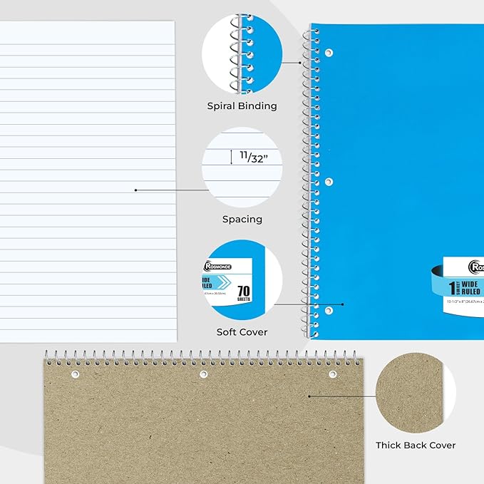 Rosmonde Spiral Notebooks, 12 Pack, 1 Subject Notebook, Wide Ruled, 70 Sheets, 8 x 10-1/2", 3 Hole Punched, School Supplies, Bulk Single Subject Spiral Notebook Bulk, Assorted Colors Pack of Notebooks