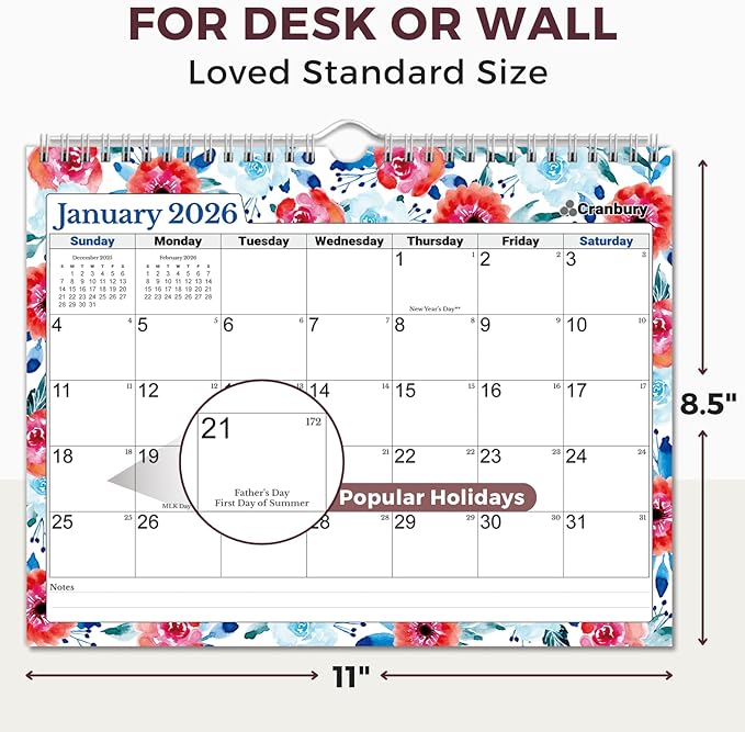 Cranbury Wall Calendar 2026 8.5x11, 12 Month Desk Calendar with Bouns Stickers and Large Writing Blocks, Premium Paper, Floral Design, 8x11 Planner 2026, Twin-Wire Binding