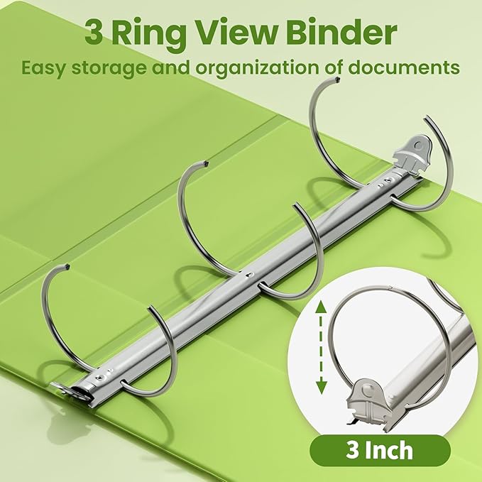 SUNEE 3 Ring Binder 3 Inch 1 Pack, Clear View Binder Three Ring PVC-Free (Fit 8.5x11 Inches) for School or Office Supplies, Tender Green