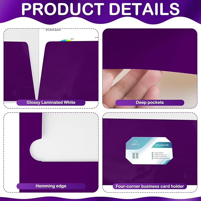 Yeaqee 100 Pack 2 Pockets Glossy Laminated Paper Folder First Day of School Presentation Folder Letter Size Two Pocket File Portfolio Holder Back to School Items Bulk for Teacher Office (Purple)
