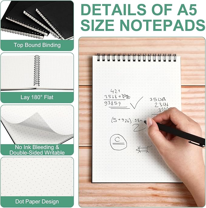Engrowtic Dot Grid Notebook Top Spiral Notebook A5 Size Bullet Dotted Paper Hardcover Dot Journal 8.3''x 5.8'' 140 Pages Spiral Notepads for Sketching Drawing Writing School Office(Black,2 Pcs)
