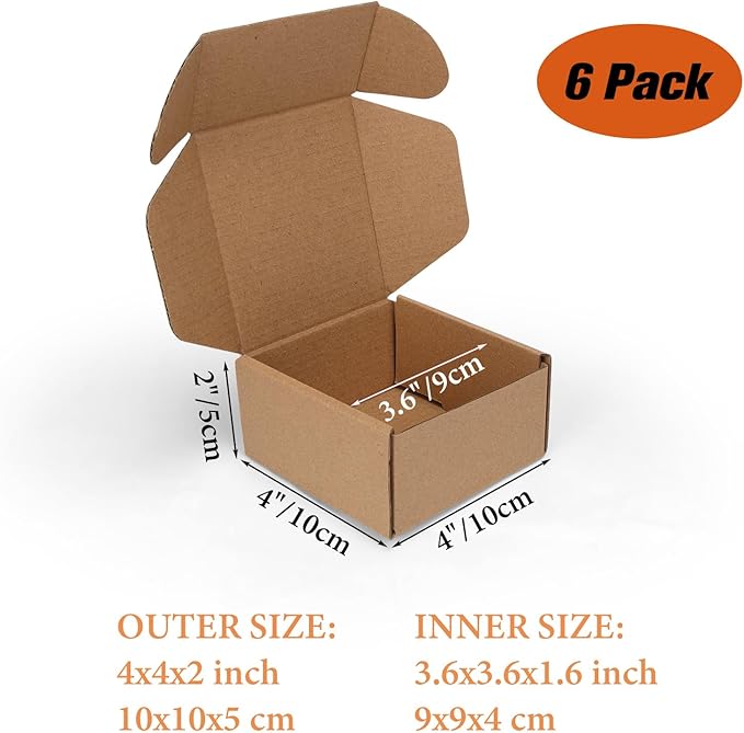 PHAREGE 4x4x2 inch Shipping Boxes 6 Pack Brown, Tab Lock Tuck Top Mailer Boxes for Packaging Small Business, Small Cardboard Gift Boxes for Wrapping Mailing Present