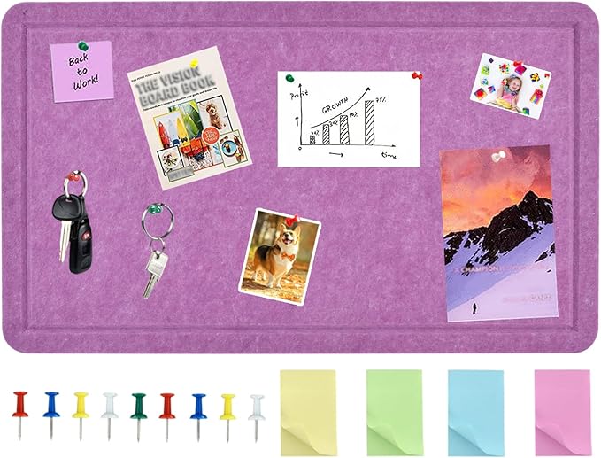 Vuzvuv Violet Purple 28"x16" Large Cork Board with 50 Push Pins & Sticky Notes, Self-Adhesive Bulletin Board for Wall, Felt Pin Vision Board for Paste Notes,Schedules Offices Home