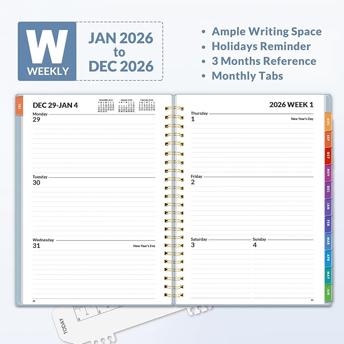 SUNEE 2026 Weekly and Monthly Planner - from January 2026 - December 2026, Daily Agenda Planner with Monthly Tab, Flexible Cover, Note Pages, Pockets, Bookmark, Spiral Binding, Gray Blue, 6.4" x 8.3"