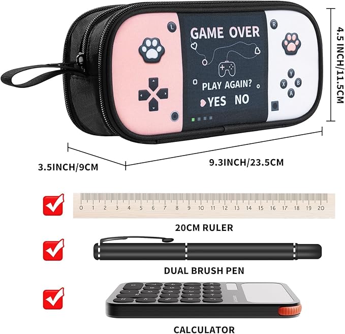Easozoom Large Game Controller Pencil Case for Teen Girl Kid Capacity Pen Box Pouch Organizer Holder Bag with 3 Compartments & Zipper School College Office Supplies (1PCS Pencil Case) (Pink&White)