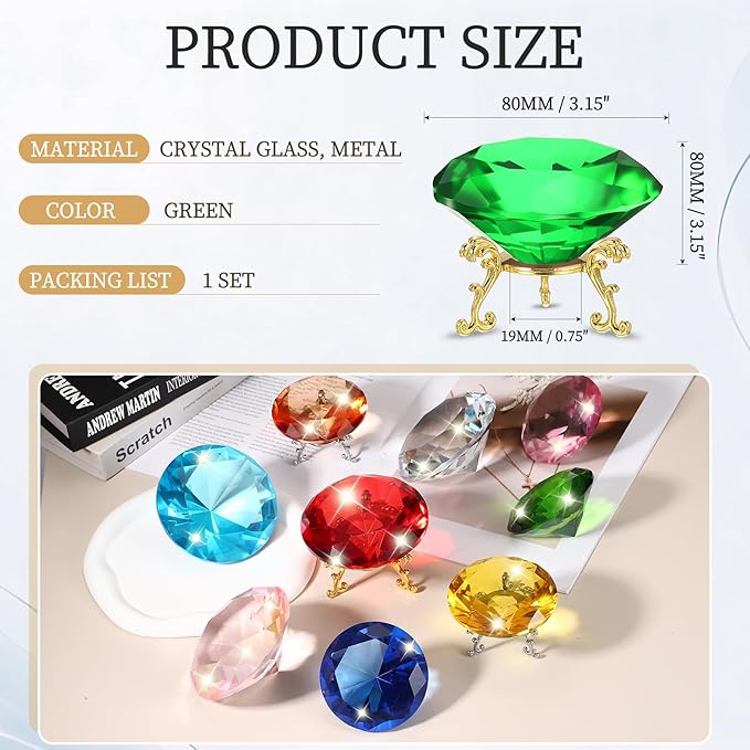 PATIKIL Diamond Crystal Paperweight, 80mm / 3.15" Crystal Paperweight Paper Weight with Gold 19 Metal Base for Home Office Desktop Table Decor Wedding Party Ornaments, Green