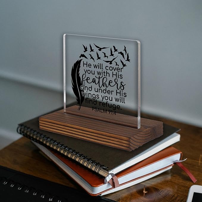Christian Bible Verse Desk Sign, Psalm 91:4 Feather Wings Inspirational Scripture Gift for Women Men, Spiritual Office Desk Plaque for Birthday, Baptism, Retirement, Christmas PA129