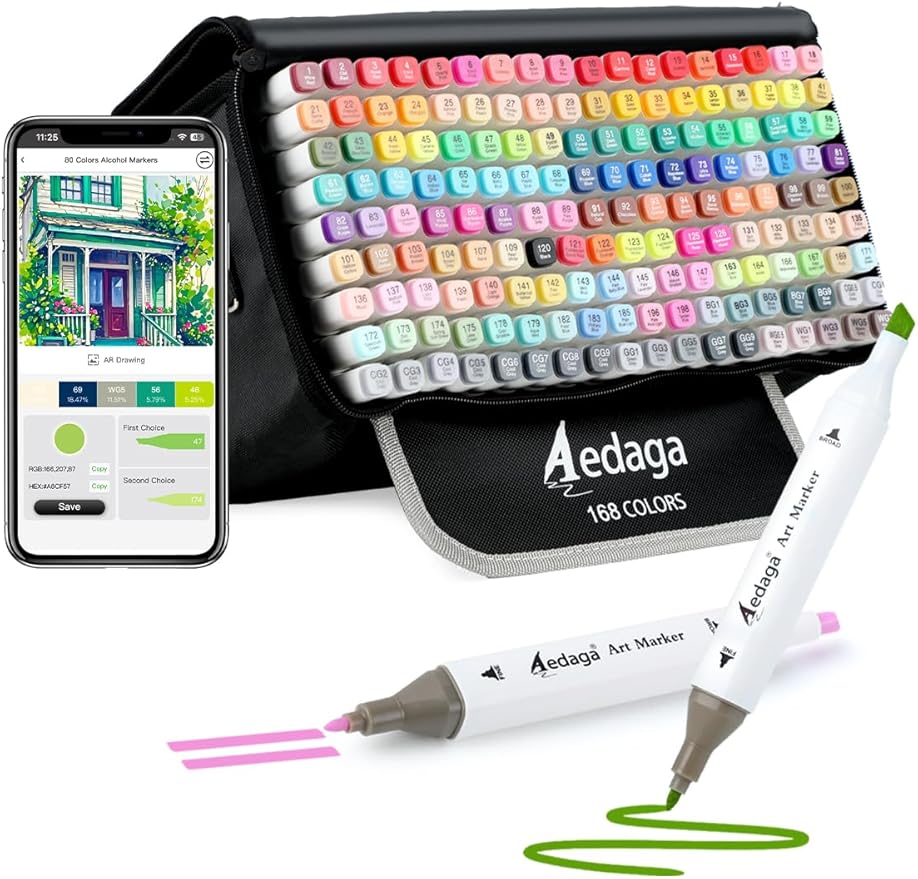 AEDAGA 168 Colors Alcohol Markers with Free App, Dual Tip Art Markers with Kickstand Case for Artists Adults, Alcohol Based Marker for Coloring Painting Sketching and Drawing, Great Gift