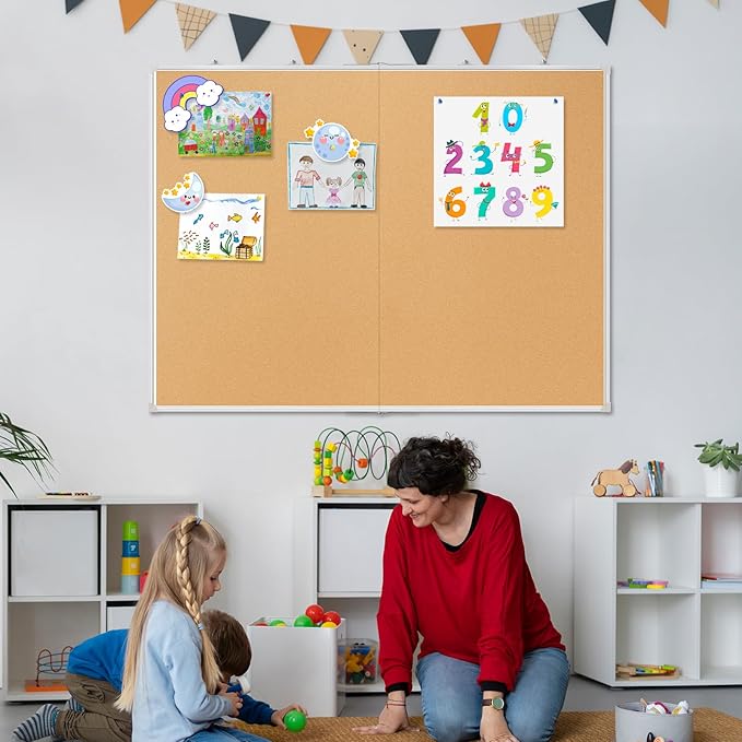 AMUSIGHT Double-Sided Large Cork Board, 60" x 36" Foldable Hanging Aluminum Framed Bulletin Board, Vision Board Pin Board Corkboards for Walls, Office, School Decor, 20 Pushpins