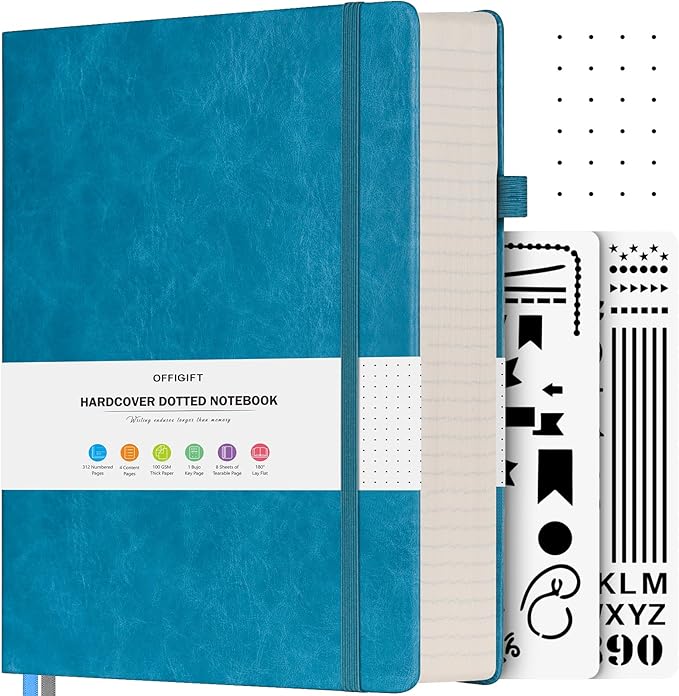 OFFIGIFT Dotted Journal Notebook, B5 Hardcover Bullet Notebook, 312 Numbered Pages Leather Notebook, 100gsm No Bleed Paper Dot Grid Notebook with Index Pages for Women Men, 7.6'' X 10'', Blue